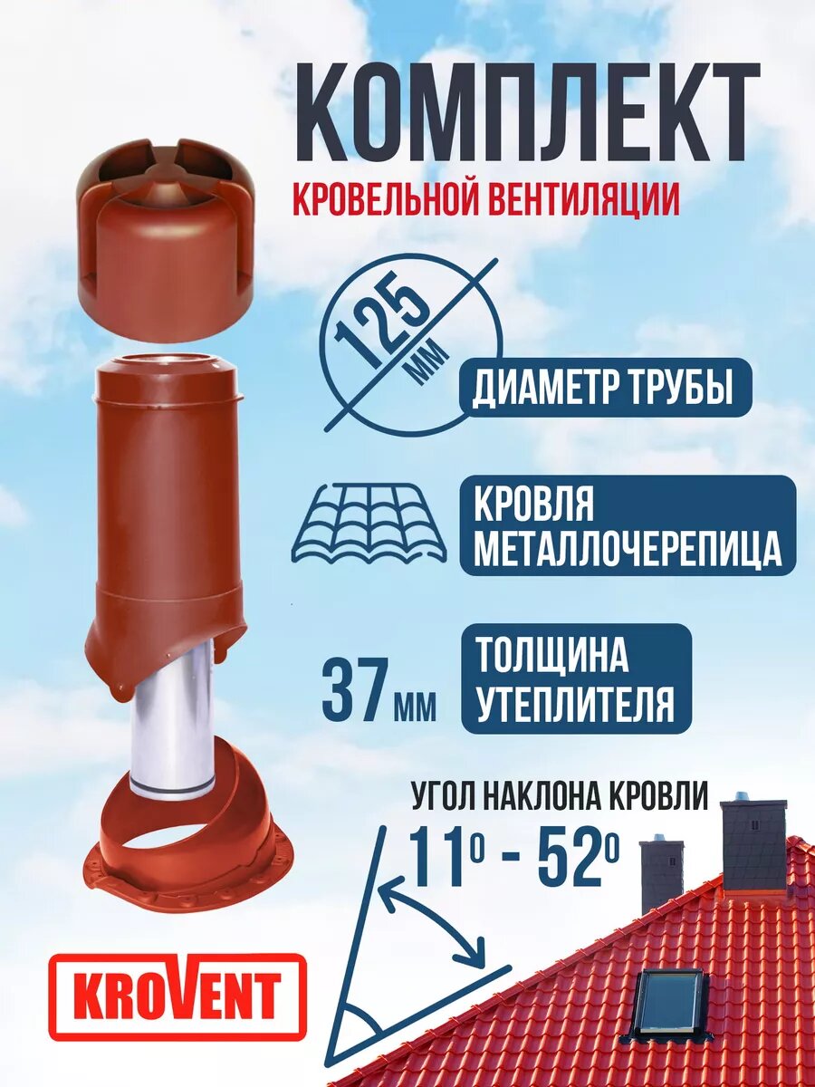Комплект выход вентиляции утеплённый для кровли из металлочерепицы 125/500, Krovent, красный