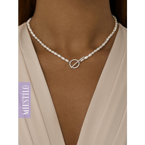 Колье MIESTILO, серебро, 925 проба, родирование, жемчуг, фианит, длина 45 см., бежевый, серебристый, белый