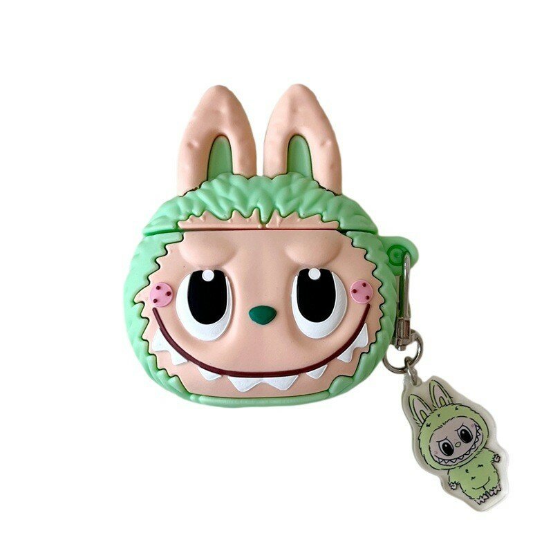 Чехол silikonovyj labubu dlya airpods pro 1 2 3 polnaya zashchita zelenyj