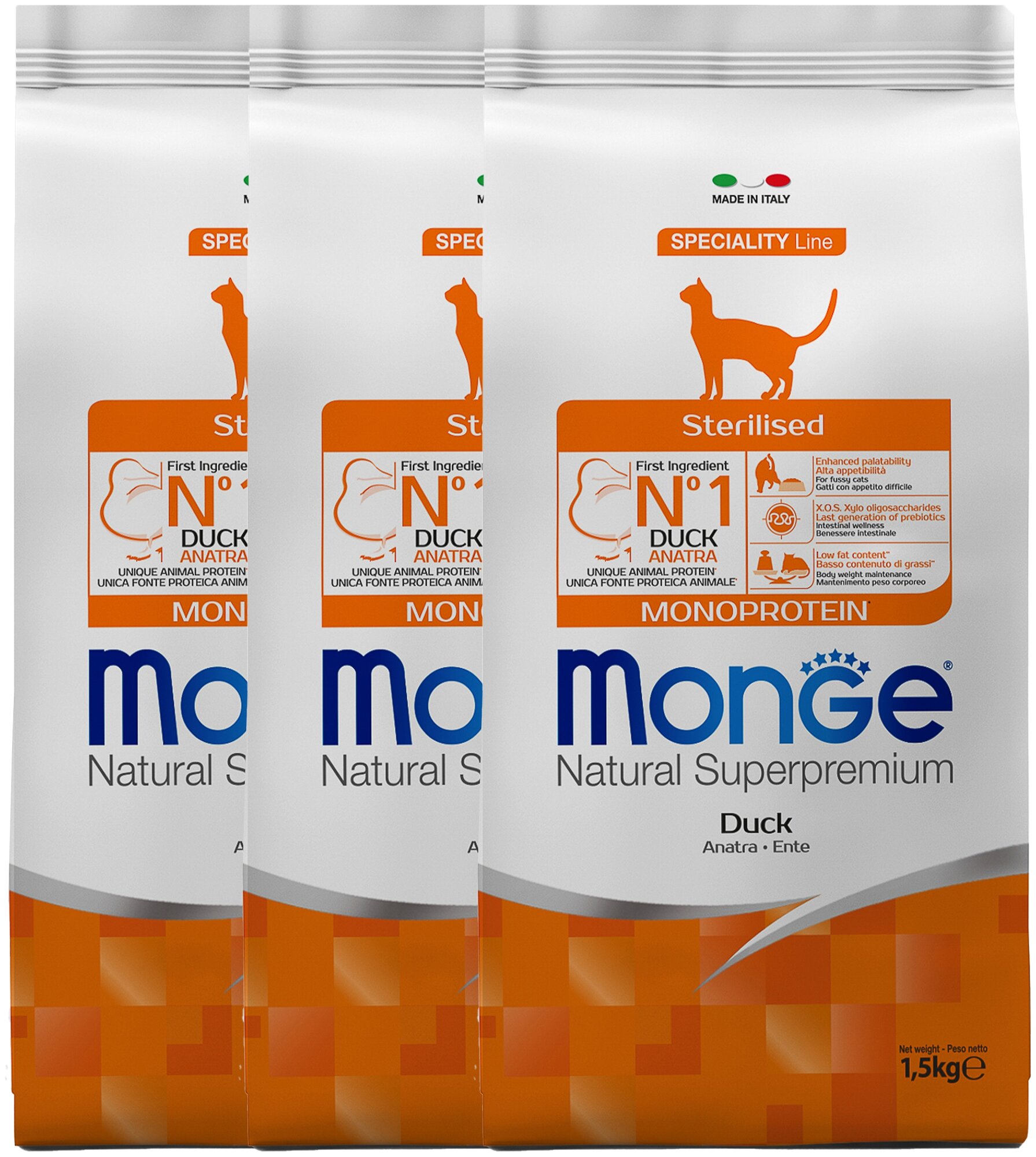 Сухой корм для стерилизованных кошек Monge Natural Superpremium Monoprotein, с уткой 3 шт. х 1.5 кг