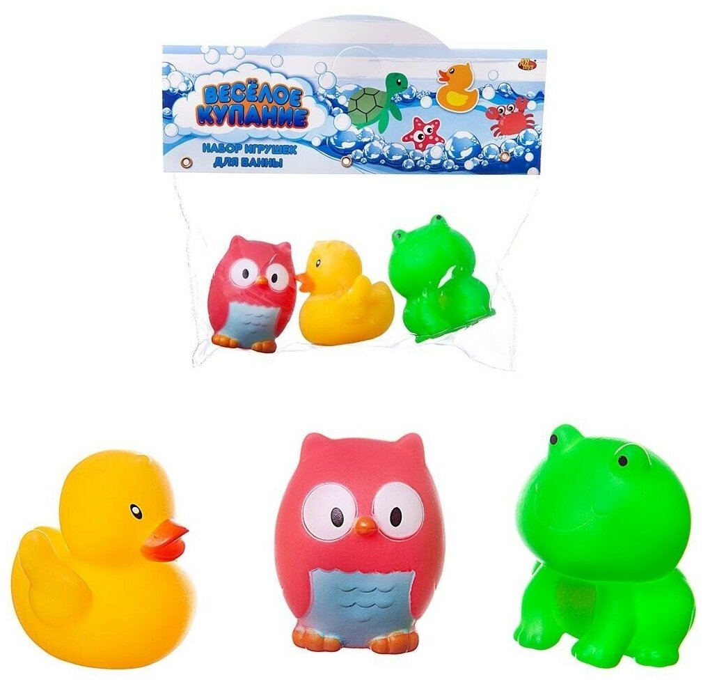 Набор игрушек для ванны ABtoys Веселое купание Совенок утенок лягушонок 3 предмета Junfa Toys - фото №1