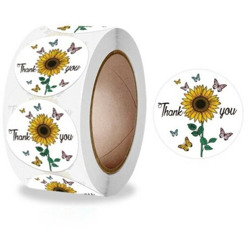 Наклейка бумага Подсолнух Благодарность d25 см 500 шт в рулоне 3х65х65 см 460₽