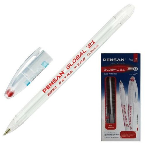 Ручка шариковая масляная Pensan Global-21, чернила красные, корпус прозрачный, узел 0,5 мм, линия письма 0,3 мм, 12 шт.