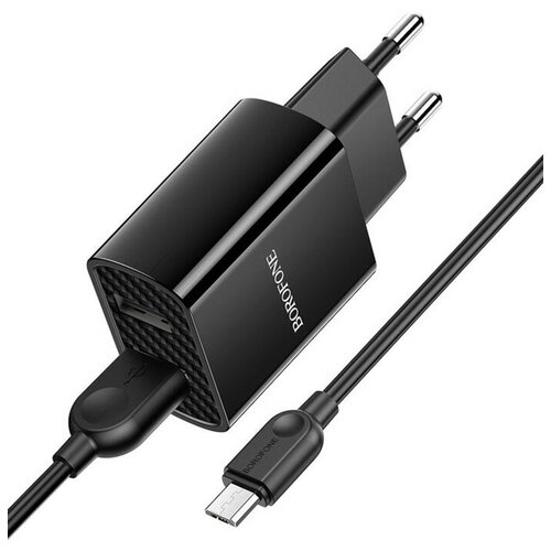 Сетевое зарядное устройство Borofone BA53A, 2xUSB, 2.1 А, кабель microUSB, чёрное сетевое зарядное устройство сзу borofone ba53a usb кабель lightning 2 1 а черный