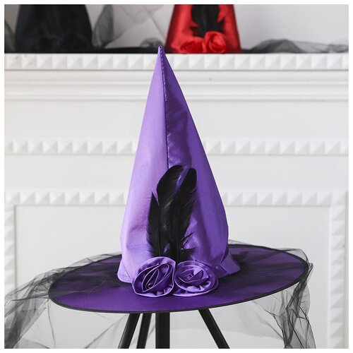Шляпа Ведьмы Колпак Волшебника с перьями фиолетовая