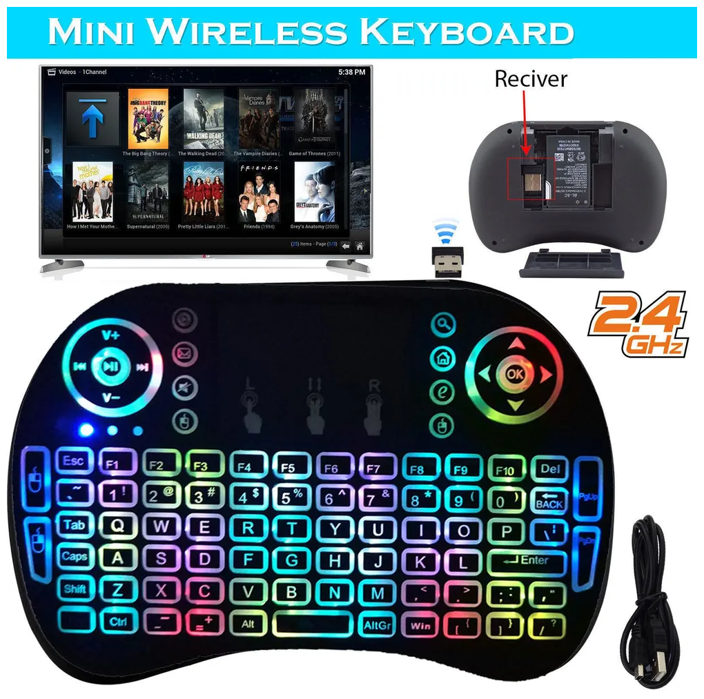 Беспроводная мини клавиатура и мышь с RGB подсветкой (с тачпадом) i9 для телевизора тв приставки проектора ПК (Черная)