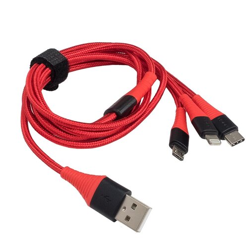 Зарядный кабель AurA TPC-U32R (USB > Lightning/MicroUSB/Type C, красный, 1,2 метра) usb type c зарядный кабель aura tpc uc2s в полиэстеровой оболочке серебристый 1 2 метра