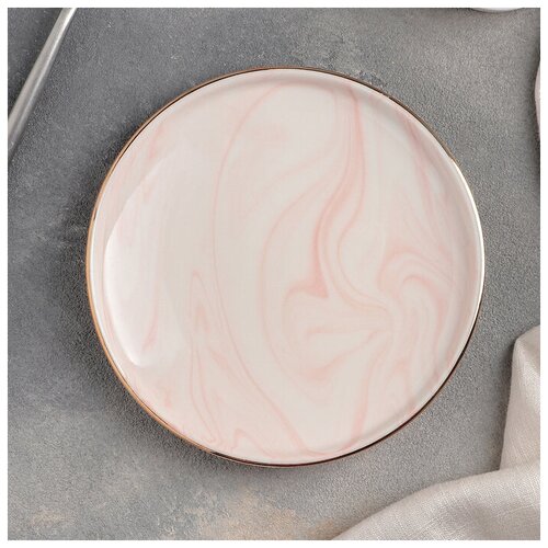 Тарелка керамическая пирожковая Мрамор, d-15 см, цвет розовый