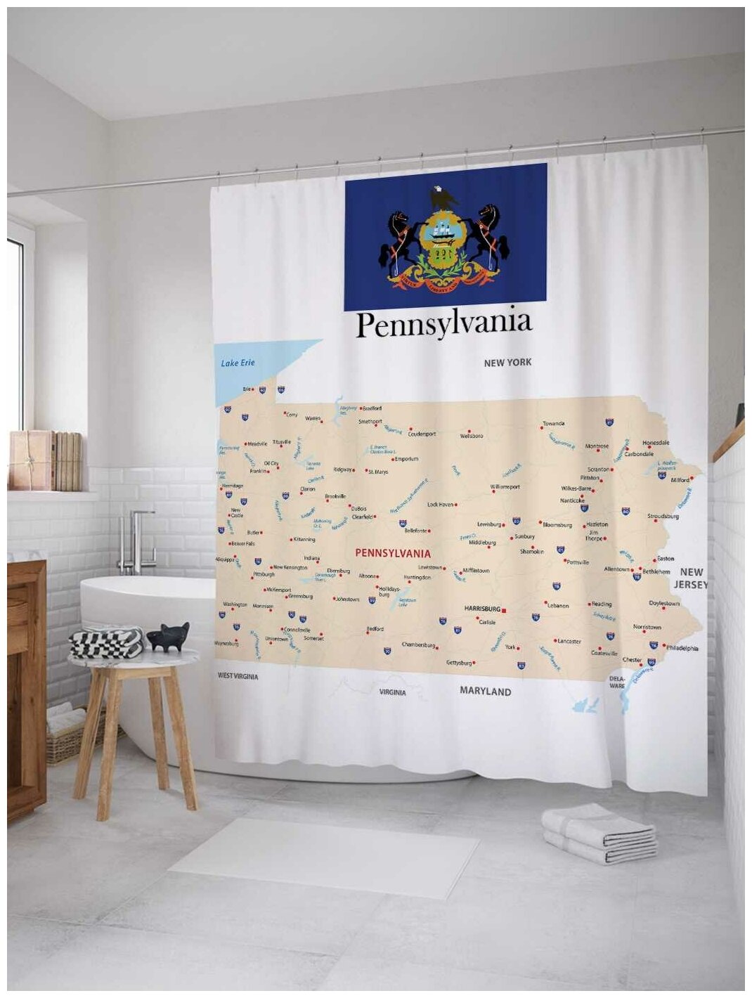 Штора для ванной JoyArty Карта Штат Пенсильвания 180х200 180х200 см