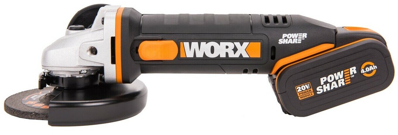 Угловая шлифмашина аккумуляторная WORX WX803, 125 мм, 20 В, АКБ 2/4 Ач, ЗУ 2A, кейс