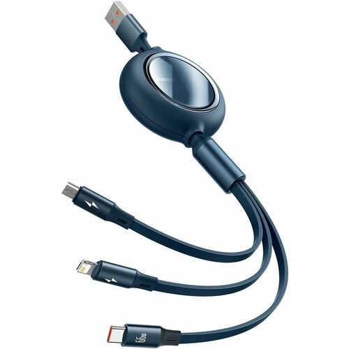 Кабель Baseus Bright Mirror One-for-three Retractable Data Cable USB to M+L+C 1.2m 66W Blue (CAMLC-MJ03)