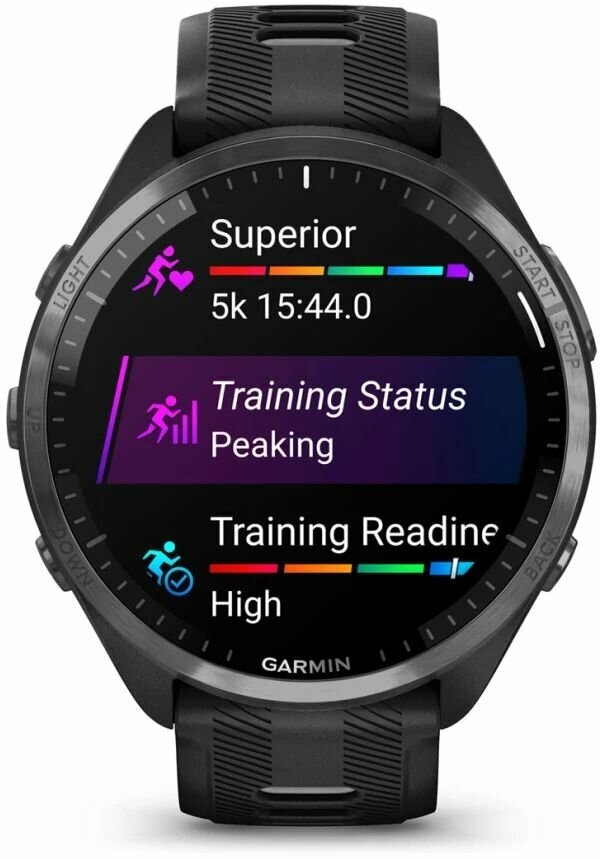 Смарт-часы GARMIN Forerunner 965 черные, темно-серый DLC титановый безель, с черным ремешком (010-02809-10)