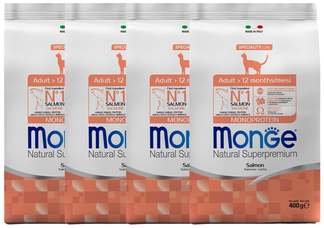 Сухой корм для кошек Monge Natural Superpremium Cat Monoprotein Adult Salmon, с лососем, 4 шт. х 400 г