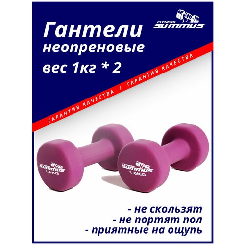 фото Гантели для фитнеса неопреновые summus 2 шт. по 1 кг женские, мужские для дома и зала, для детей, арт. 500-100-purple