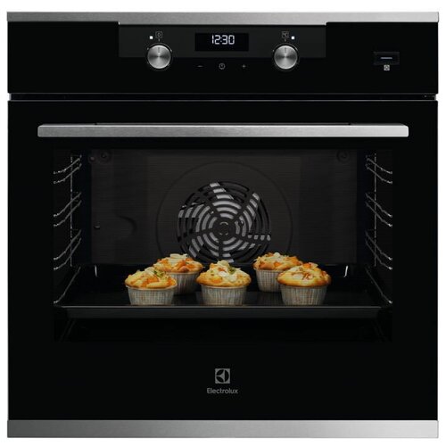 Встраиваемая электрическая духовка Electrolux с паром SteamBake, основной цвет - нержавеющая сталь, утапливаемые переключатели,ЖК-дисплей, будильник, таймер отключения, отложенный старт, хромированные направляющие из нержавеющей стали Easy Entry, телескопические направляющие FlexiRunners (1 ур) с изм