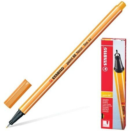 Ручка капиллярная (линер) STABILO "Point 88", неоновая оранжевая, корпус оранжевый, линия письма 0,4 мм, 88/054