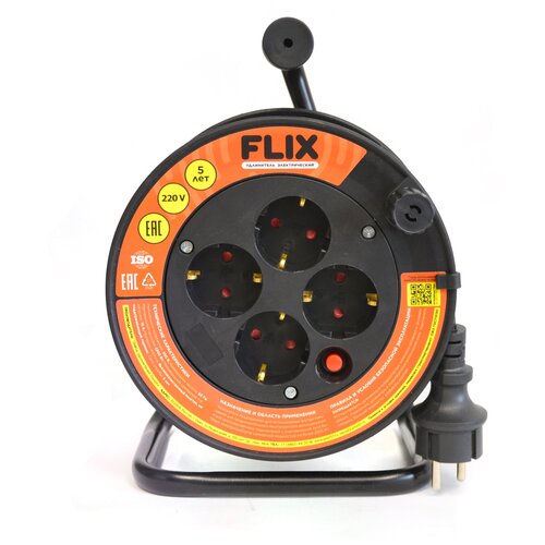 Удлинитель на катушке 4 гнезда 20 метров ПВСбм 3х0,75 с заземлением 6А черный FLIX