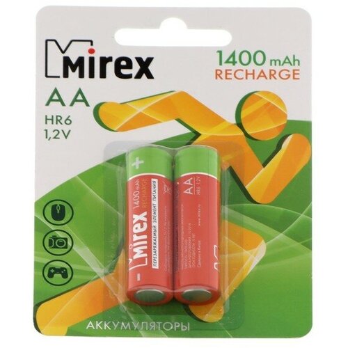 Аккумулятор Mirex, Ni-Mh, AA, HR6-2BL, 1.2В, 1400 мАч, блистер, 2 шт. аккумулятор ni mh 2700 ма·ч 1 2 в mirex hr6 27 e4 в упаковке 4 шт