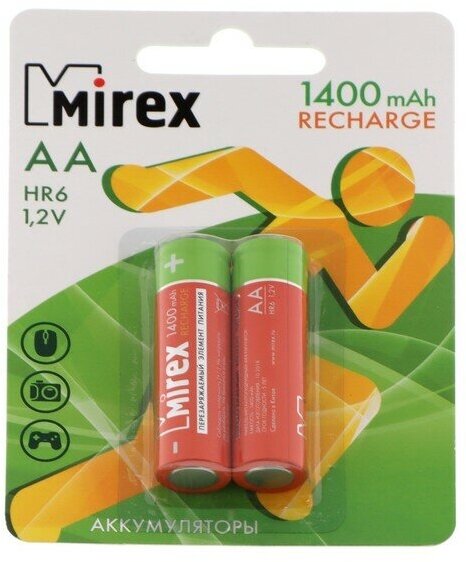 Mirex Аккумулятор Mirex, Ni-Mh, AA, HR6-2BL, 1.2В, 1400 мАч, блистер, 2 шт.