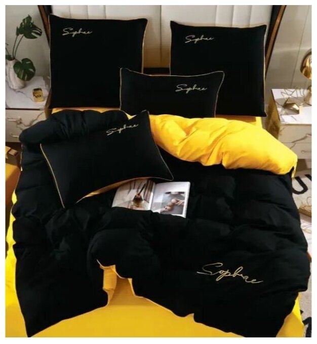 Комплект постельного белья Winni Жатка Сатин на резинке Черно Желтый - Евро