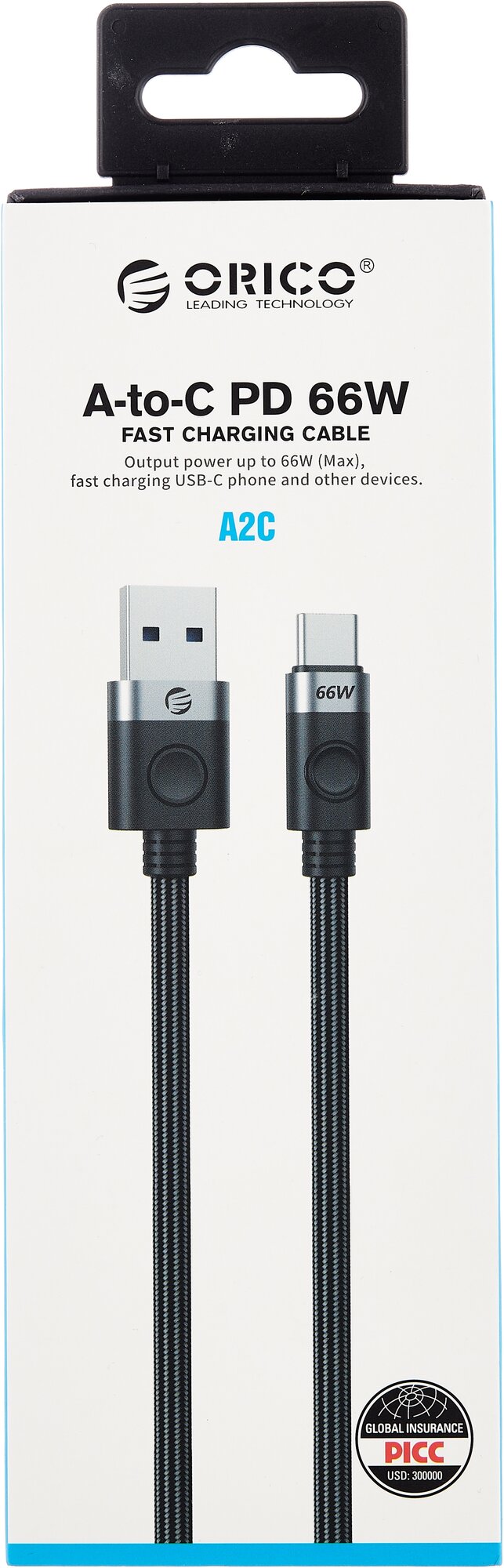 USB-Кабель, USB-A 3.0 - Type-C PD 66 Вт, 1 м, Orico A2C, черный/серебристый [ORICO-A2C-10-BK-BP] - фотография № 5