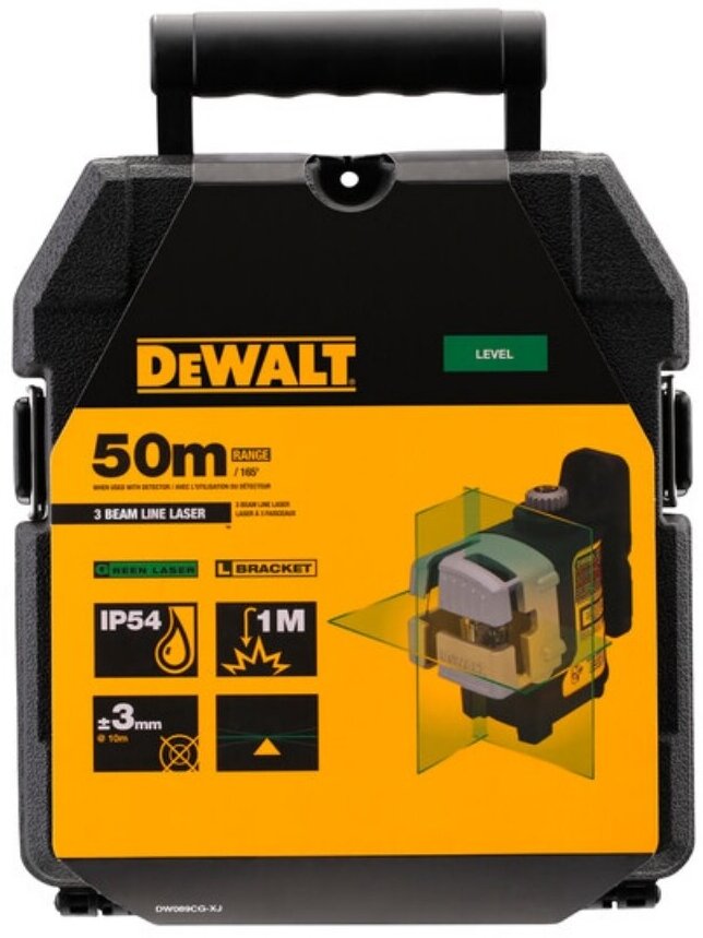 DeWalt DW089CG Нивелир лазерный с ЗЕЛ. лучом в чемодане(4 бат. АА, ,20м/50м,3 луча, +/-3мм)