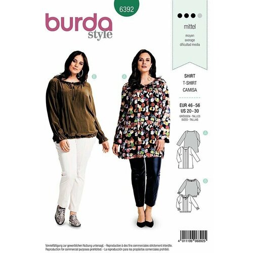 Выкройка BURDA № 6392 Блузка, туника (большие размеры) выкройка burda 6391 пуловер туника большие размеры