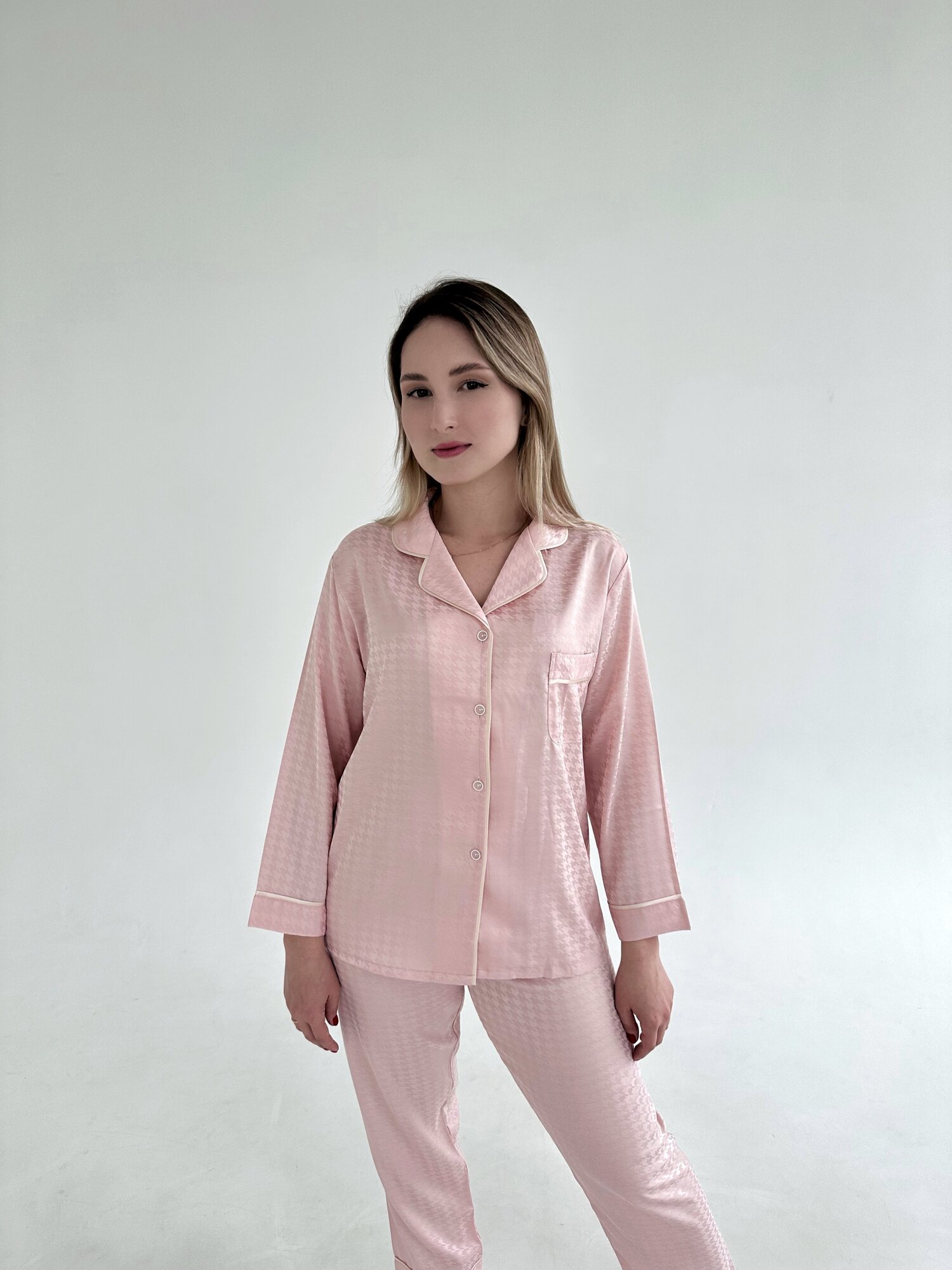 Пижама женская AuroraMichi, брюки, рубашка, застежка пуговицы, длинный рукав, розовая, XL - фотография № 4