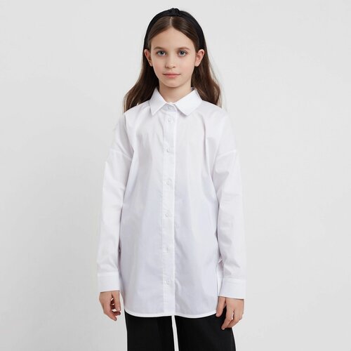 фото Школьная рубашка minaku, свободный силуэт, на пуговицах, длинный рукав, воланы, однотонная, размер 152, белый