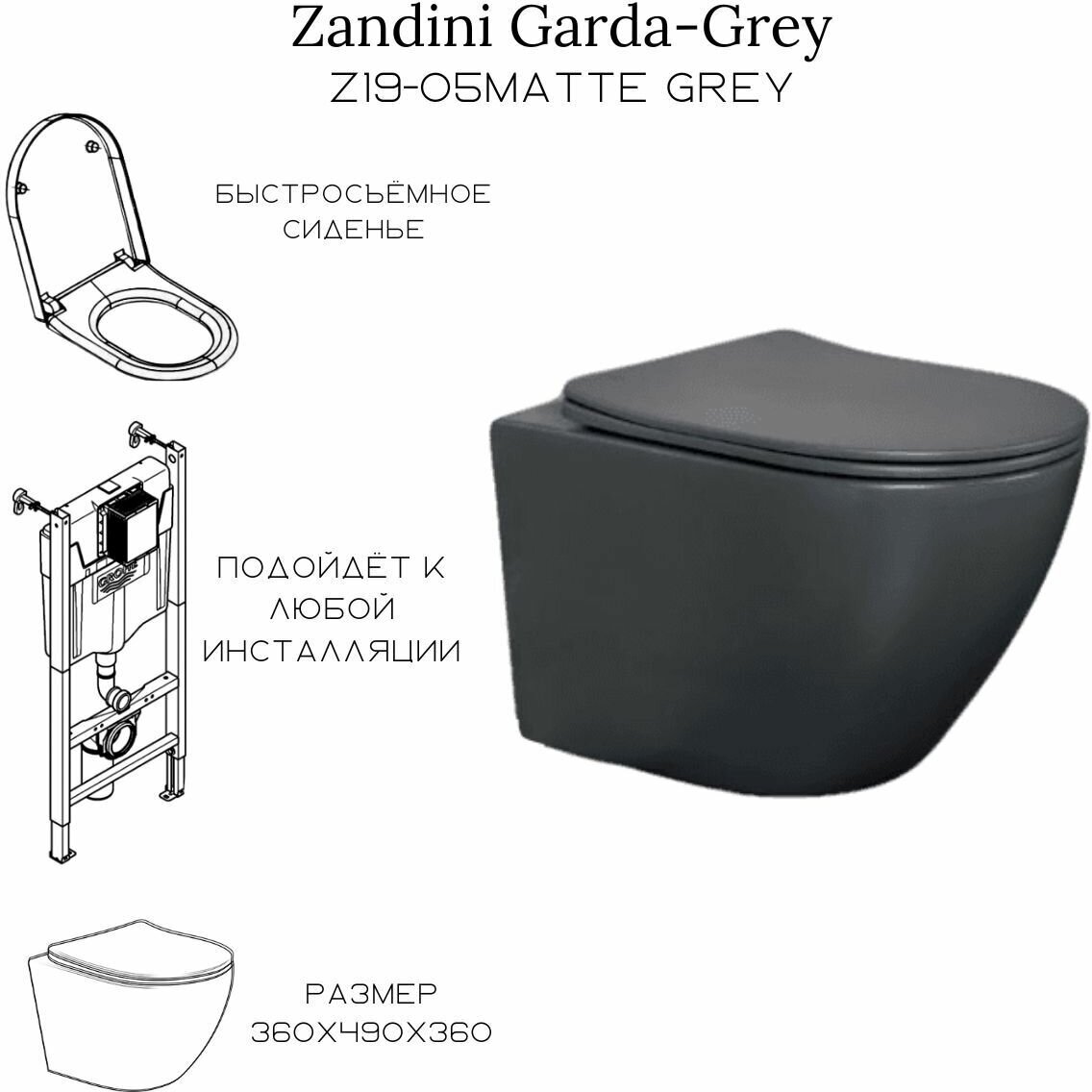 Готовый набор подвесного унитаза: инсталляция Sanica с черной панелью смыва + унитаз Zandini Garda-Grey Z19-05G - фотография № 4