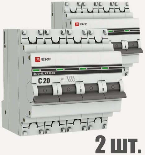Изображение товара Автоматический выключатель EKF 4P 20А (C) 4,5kA ВА 47-63 EKF PROxima 2 штуки