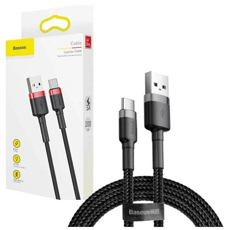 Кабель USB Type-C 1M 3A Cafule Cable Baseus черный с красным