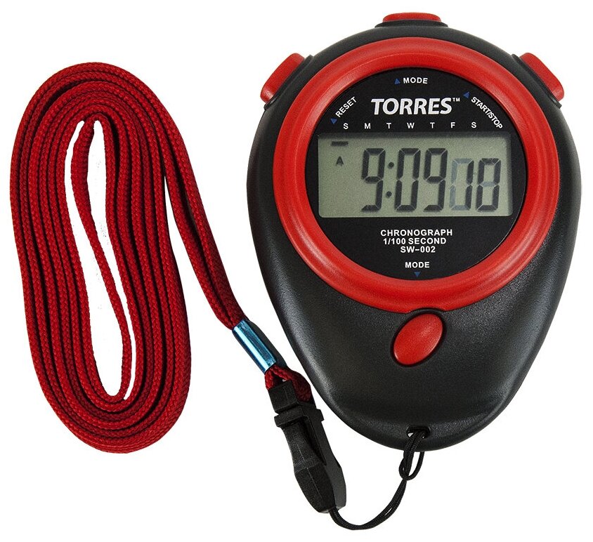 Секундомер TORRES Stopwatch, арт. SW-002, часы, будильник, дата, шнур с карабином, черно-красн.