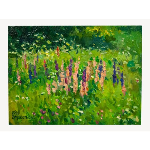 Картина сельский пейзаж “Цветущий луг” размер холста 40*30 см, масло 2020 г | Современный художник Д. Молостнова