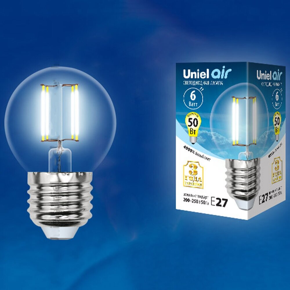 Лампа светодиодная Uniel Air UL-00002208, E27, G45, 6 Вт, 4000 К - фотография № 3