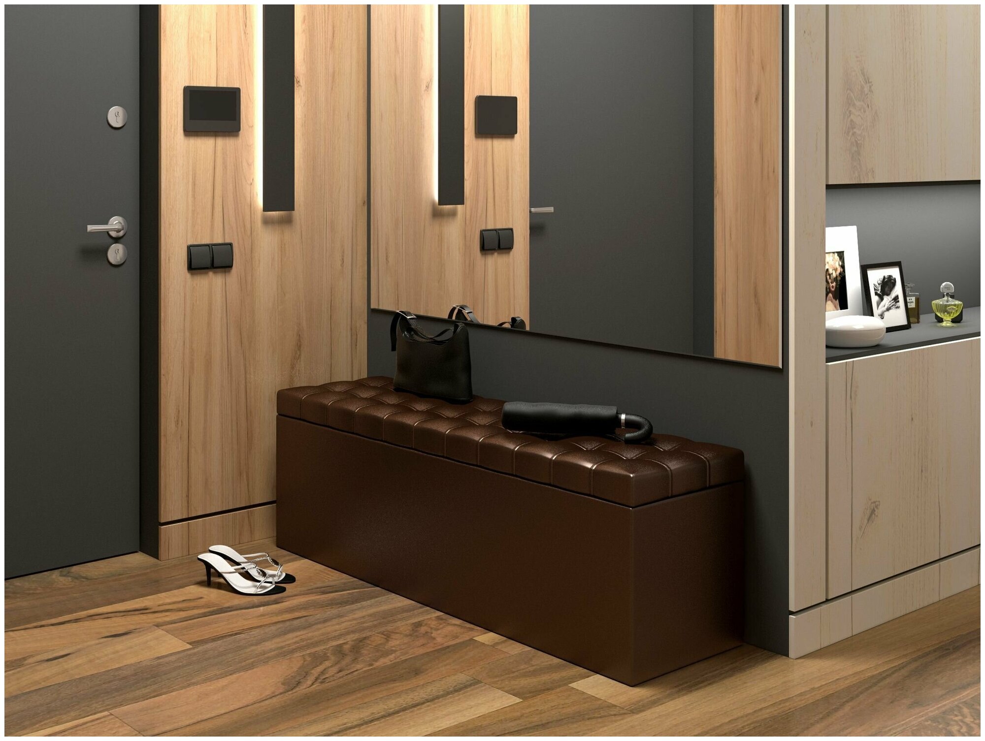 Пуфик БонМебель Квадро 4, коричневый, 125х36х44, пуф с ящиком для хранения, экокожа, пуфик в прихожую, мебель