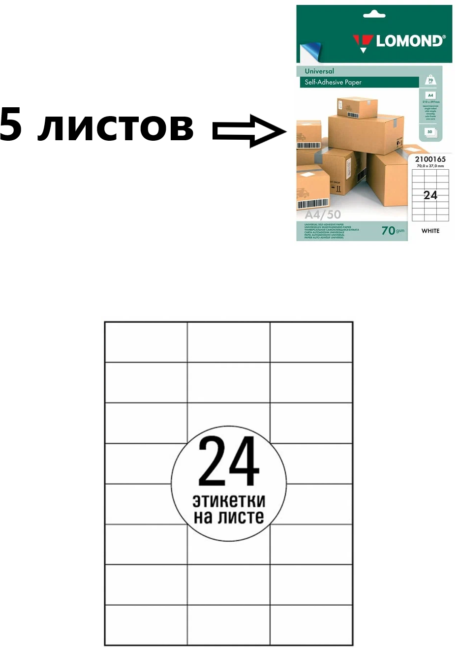 Этикетки самоклеящиеся бумага А4 5 листов матовая LOMOND 1 этикетка (Цельный лист ) 210х297 мм белый в индивидуальной упаковке