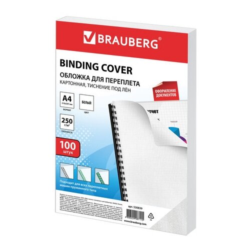 BRAUBERGдвухсторонняя для переплета A4 250 г/м², картон, тиснение под ленбелый100 шт. braubergдвухсторонняя для переплета a4 230 г м² картон тиснение под кожучерный100 шт