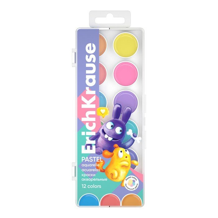 фото Акварель 12 цветов ErichKrause "Jolly Friends Pastel", в пластиковой коробке, пастельная гамма, европодвес (комплект из 7 шт)
