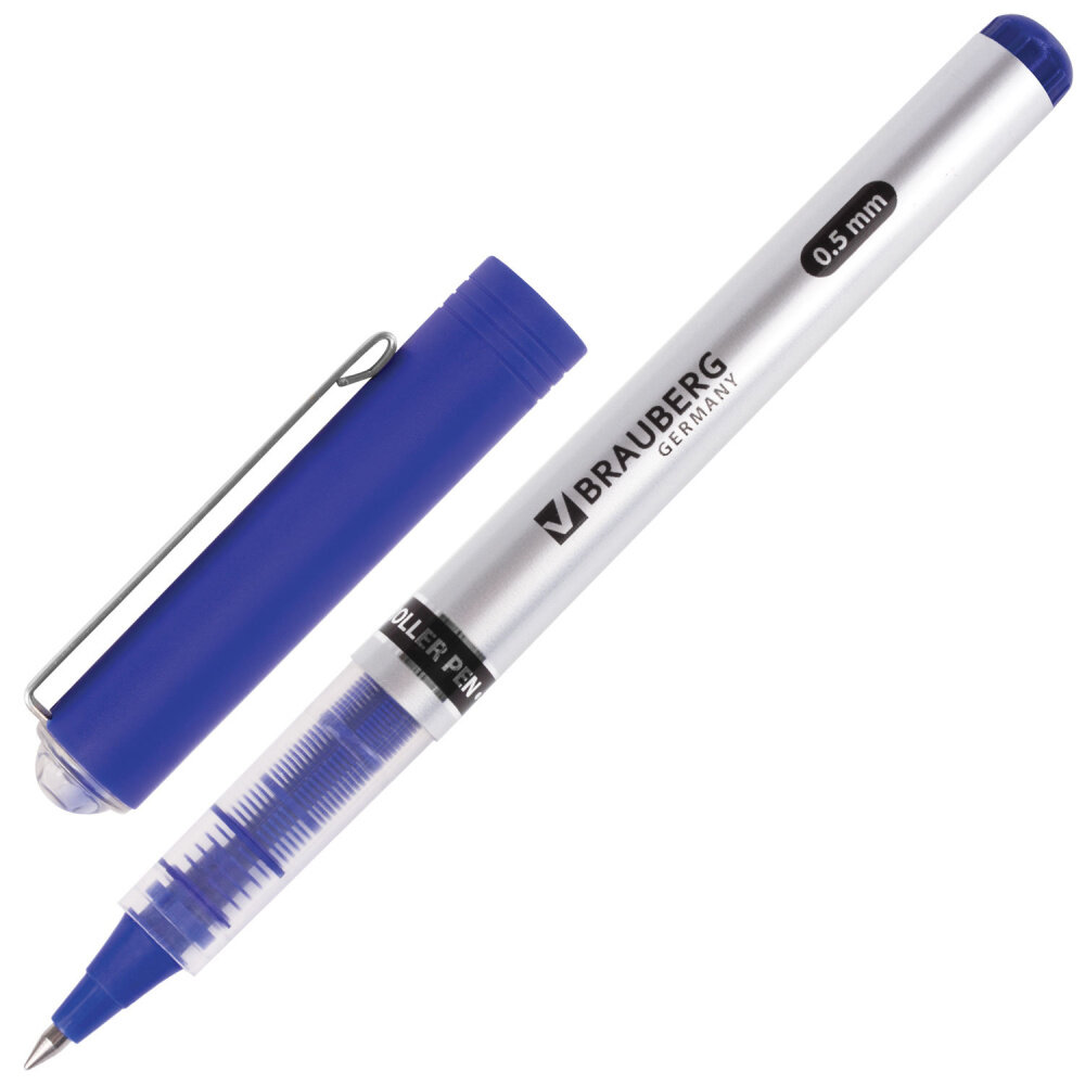 Ручка-роллер BRAUBERG "Flagman", синяя, корпус серебристый, хромированные детали, узел 0,5 мм, линия письма 0,3 мм, 141556 упаковка 12 шт.