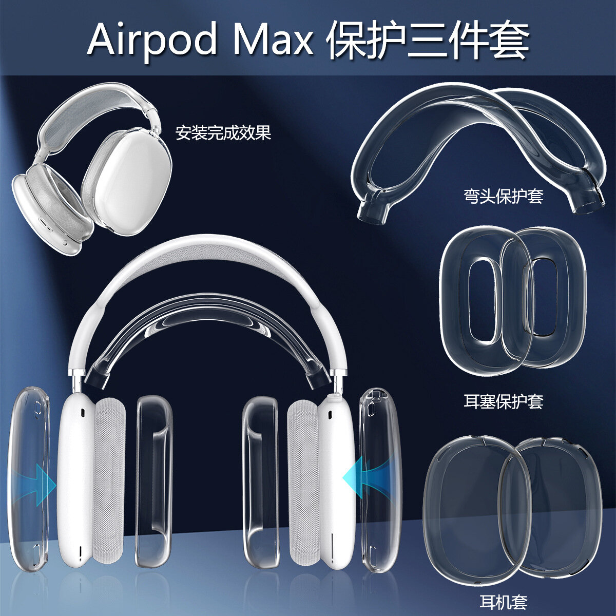 Чехол для наушников Apple AirPods Max 3в1 cиликоновые прозрачные накладки — фото 1