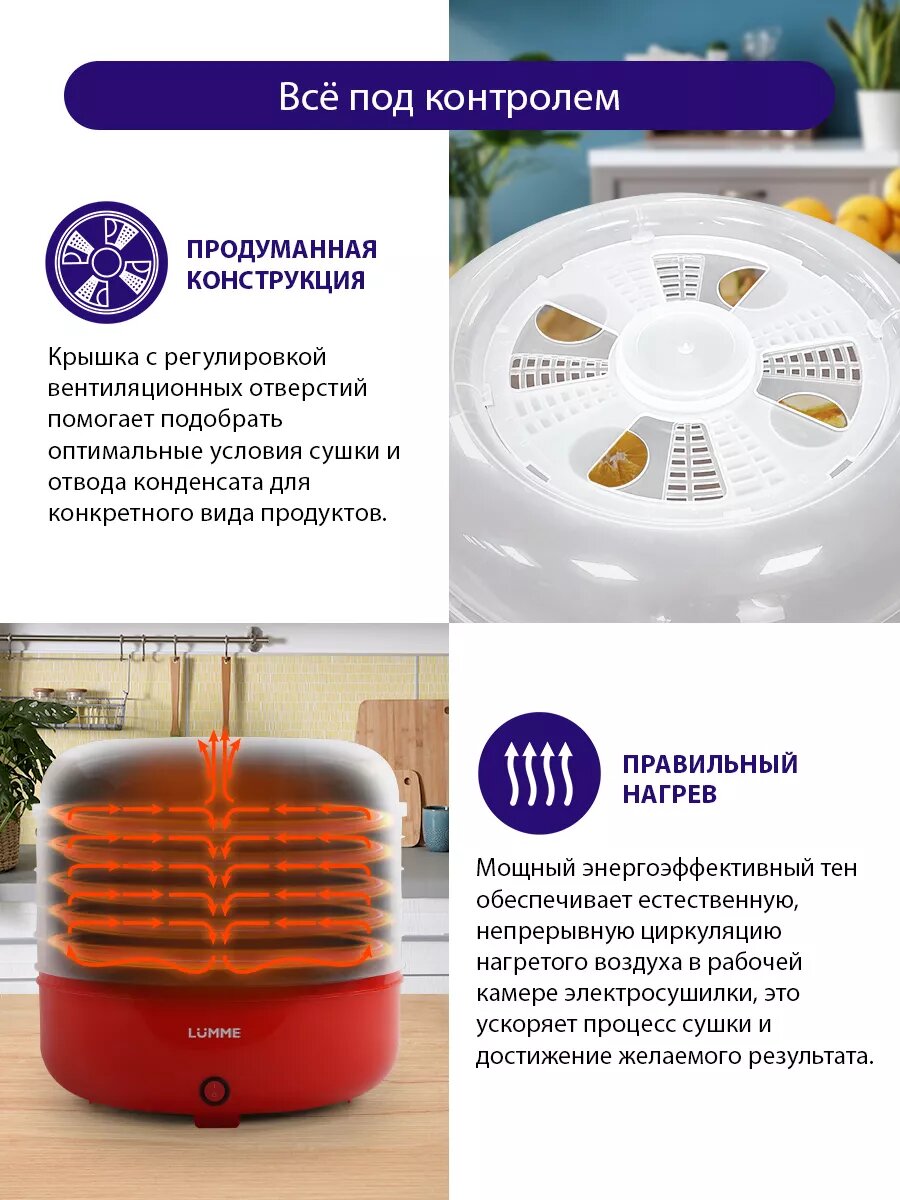 Дегидратор сушилка для овощей электросушилка LUMME LFD-105 PP 5 поддонов красный рубин — фото 1