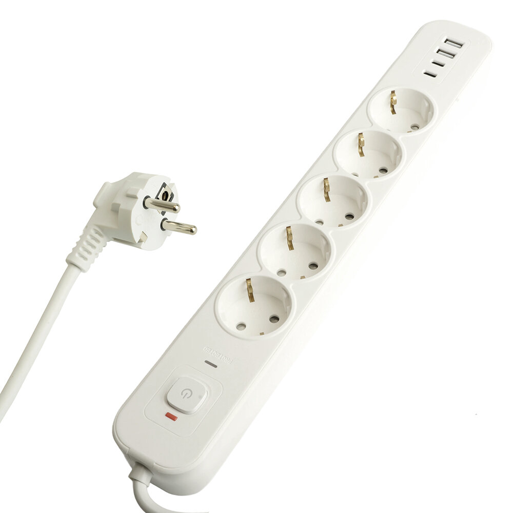 Сетевой фильтр 5-местный с/з 3x1мм2, 5 м, 250В, 16А, 2 USB-A+2 Type-C 3, серия Nova, белый Stekker 50104