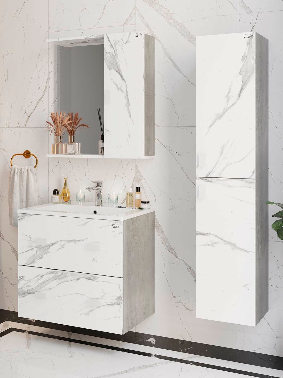 Пенал для ванной комнаты Onika Марбл 30 подвесной мрамор/камень бетонный универсальный / 30x32x142 см