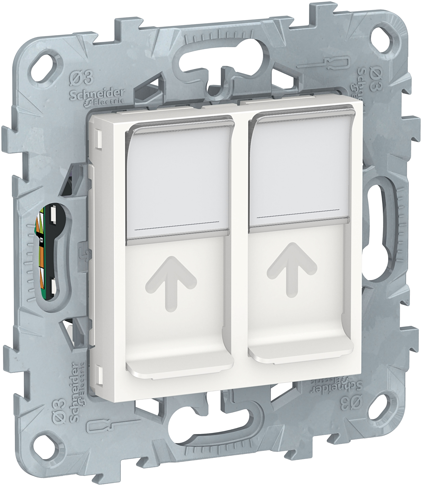 Unica New NU542018 Розетка компьютерная (2xRJ45, cat.5e, UTP, под рамку, скрытая установка, белая) Schneider Electric - фото №1