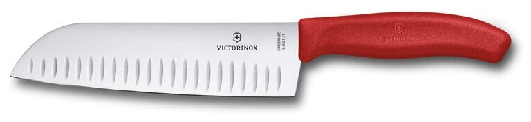 Нож Santoku VICTORINOX Swiss Classic, рифлёное лезвие 17 см, красный, в коробке 6.8521.17G