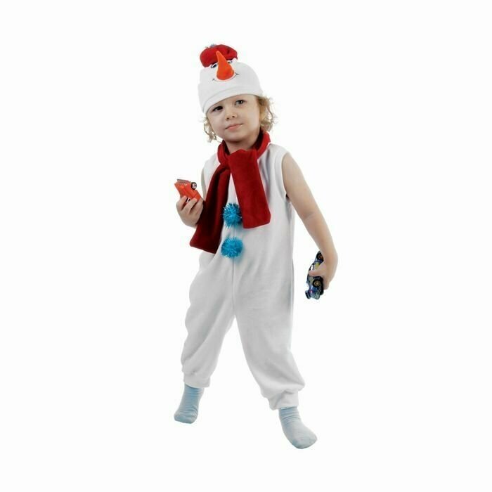 Карнавальный костюм 'Белый снеговик', велюр, комбинезон, шарф, шапка, рост 98 см