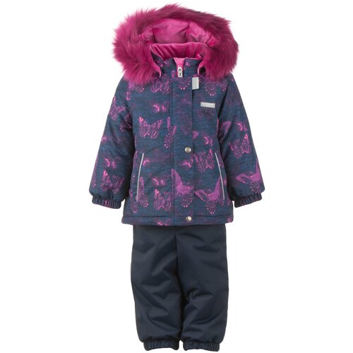 Комплект с полукомбинезоном KERRY для девочек, демисезон/зима, отделка мехом, капюшон, светоотражающие элементы, мембранный, карманы, штрипки, водонепроницаемый, размер 86, синий, розовый