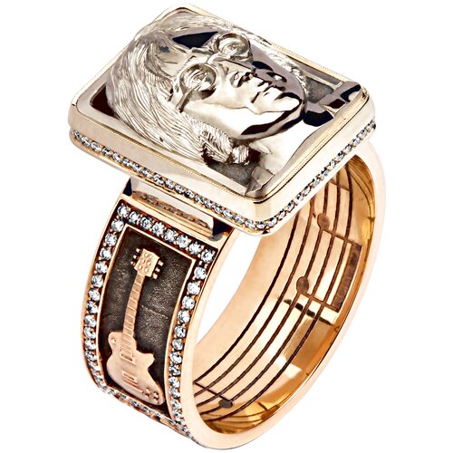 Кольца Эстет Широкое мужское кольцо из комбинированного золота с бриллиантами с изображением Джона Леннона