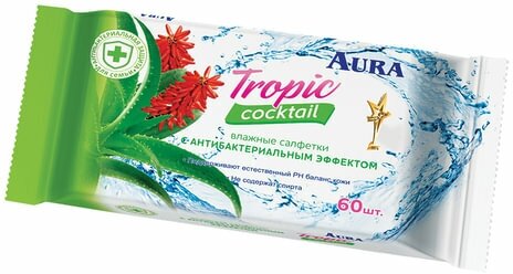 Салфетки влажные Aura 60 шт, "Tropic cocktail", универсальные очищающие (6390)